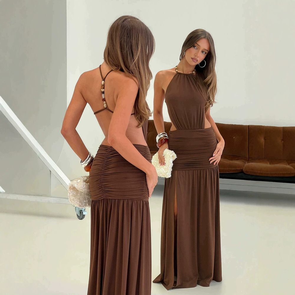 Zara Summer Halter Beaded Backless Slit Slim Fit Dress